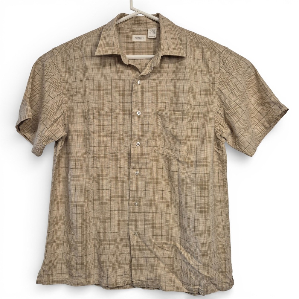 Van Heusen Mens Plaid Short Sleeve Button Down Shirt L Linen Blend Casual Date